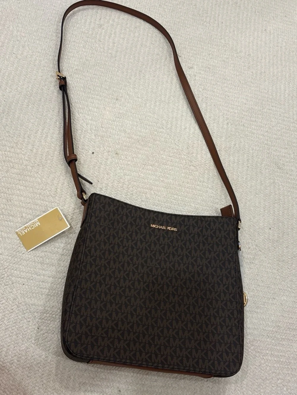 Michael Kors Dark Brown MK Logo Crossbody with Tan Strap